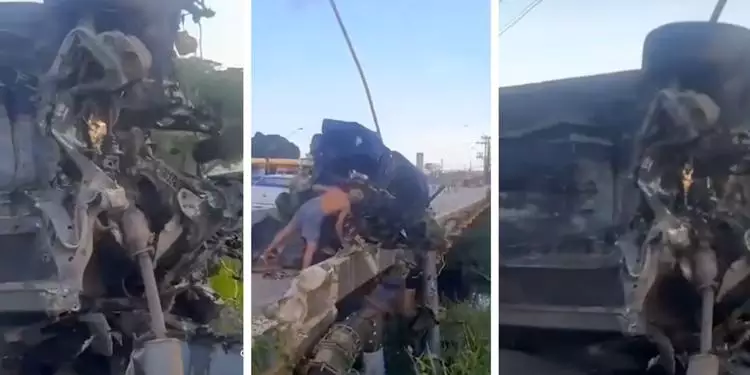 Em Belém, carro fica completamente destruído após bater em mureta de canal